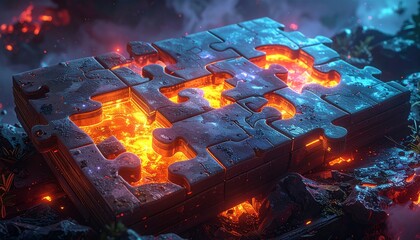 A dark, stone puzzle with glowing molten lava-like gaps, surrounded by smoke and embers, creating a mysterious and intense atmosphere.