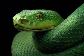 Fototapeta premium Detailed close-up of a slithering green snake showcasing its vibrant scales and focused gaze in a dark setting, highlighting its natural beauty and intricate patterns