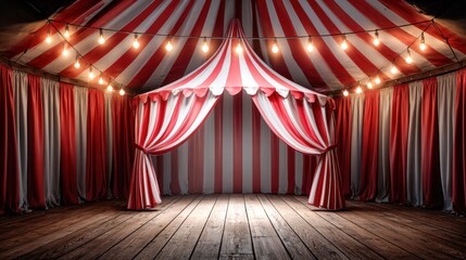 Inside a vintage circus tent with red and white stripes and warm lighting.