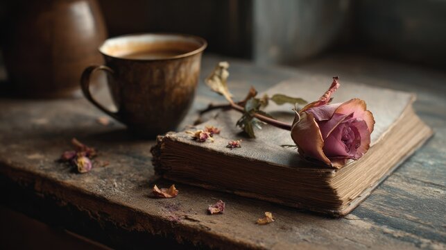 Vintage rose and book still life