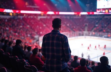 Man watches ice hockey game from spectator tribune. Crowd cheers for players on rink. Blurred action captures sports event excitement. Fans support favorite team during match. Bright arena lights