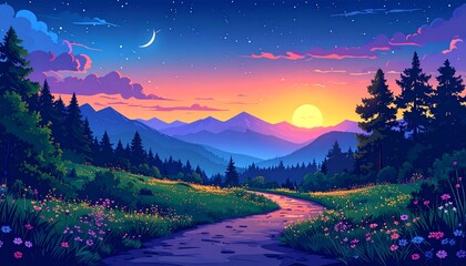 A vibrant, stylized landscape painting of a winding path through a meadow with wildflowers, leading towards majestic mountains under a colorful sunset sky with a crescent moon.