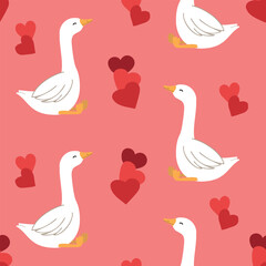 Whimsical goose pattern with hearts for delightful designs. Valentine background. Good for printing and wrapping.