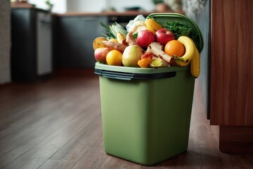 Compost bin filled with kitchen scraps including fruits and vegetables situated in a modern kitchen environment