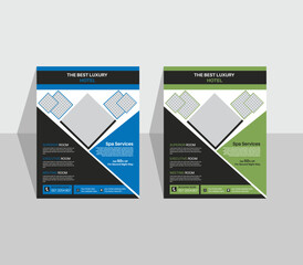 hotel flyer template design with hotel information template. presentation design template, hotel powerpoint slides presentation layout.