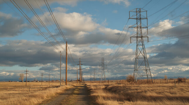 Golden rural landscape with transmission towers highlighting shutdown infrastructure impact and dramatic cloudlit sky at dusk
