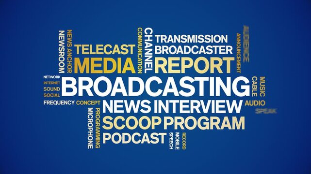 Broadcasting animated word cloud-text design animation tag kinetic typography seamless loop.