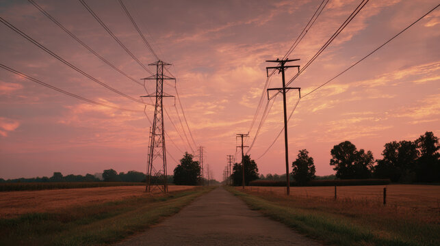 Sunset power line corridor rural road shutdown infrastructure impact scenic evening sky