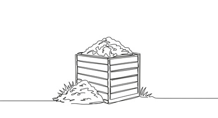 Line drawing of a compost bin filled with organic waste and soil on a transparent background illustrating sustainable gardening practices and eco-friendly initiatives