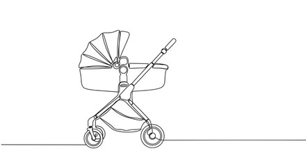 Line drawing of a modern baby stroller on a transparent background designed for infants with adjustable hood and wheels, perfect for outdoor walks and urban life.