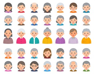 Cartoon-style elderly people portraits arranged in a grid