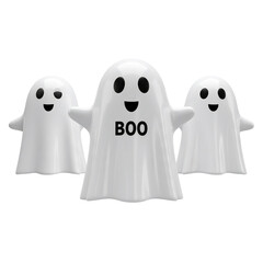 Spooky Trio's Welcoming Gesture: A group of friendly, ghostly figures extending a warm, playful greeting in a whimsical display of Halloween cheer, with BOO on one, adding to the jovial spirit.
