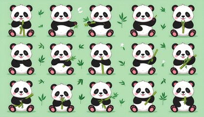 Fototapeta premium Adorable panda bears eating bamboo shoots create a charming and playful pattern that's perfect for children's designs and cheerful backgrounds
