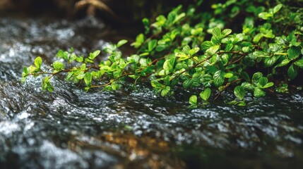 Fototapeta premium Close up of fresh water stream flowing with vibrant green plants in a serene spring setting capturing the beauty of nature's details in perfect harmony
