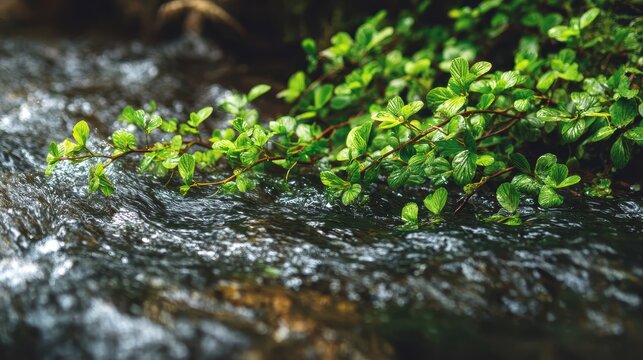 Close up of fresh water stream flowing with vibrant green plants in a serene spring setting capturing the beauty of nature's details in perfect harmony - Powered by Adobe
