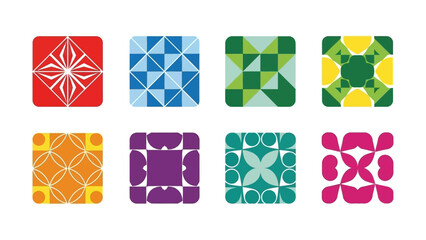 Collection of colorful geometric patterns in square shapes for graphic design