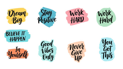 Fototapeta premium Collection of Colorful Inspirational Quotes on Brush Stroke Backgrounds for Motivation