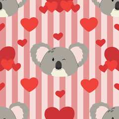 Girly cute koala with hearts seamless pattern background. Design for Saint Valentine's Day. Vector background with smiling baby animal