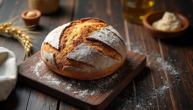 Freshly baked artisan bread rests on wooden cutting board. Scattered flour, wheat stalks suggest rustic kitchen setting, perfect for food blogs bakery ads. Loaf symbol of wholesome goodness. - Powered by Adobe