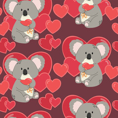 Seamless pattern with cute koala baby with hearts on color background. Koala bear in valentine theme