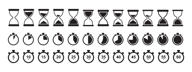 Set of black and white hourglass icons displaying various levels of sand, alongside stopwatches indicating time progression