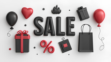 Set of Black Friday clipart elements such as the word SALE percent sign gift box balloon black shopping bag price tag fire isolated 3d rendering with white background Stock Illustration 
