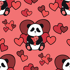 Panda with hearts seamless pattern. Flat vector illustration for fabric, textile, wallpaper, poster, gift wrapping paper