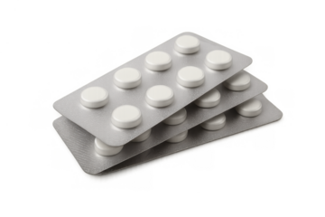 White pills in blister packs for medication, health care, and pharmacy concepts on transparent background
