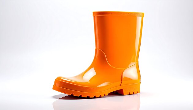 Glossy, orange rubber boot on a reflective white surface