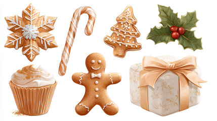 Set of Christmas clipart elements snowflake Christmas tree ball snowman holly berry gingerbread man bow caramel cane cocoa drink gift box isolated 3d rendering with white background Stock Illustration