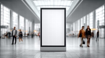 Blank advertising screen in a modern airport terminal with blurred background.