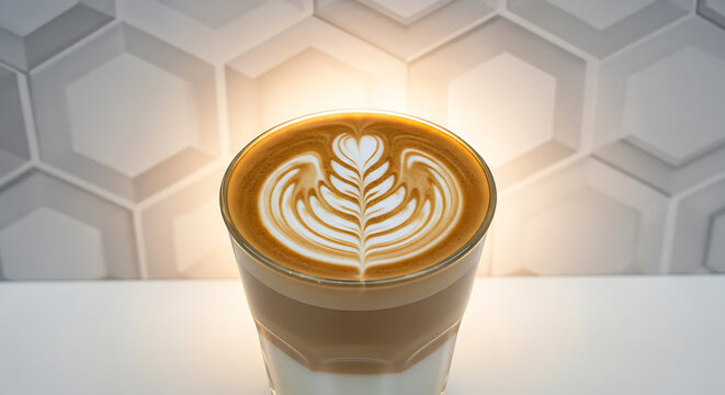 Latte Art Perfection A Detailed Close-Up of a Creamy Coffee Drink with Intricate Foam Design