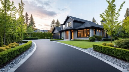 Naklejka premium Luxury home with a long driveway and lush landscaping at sunset
