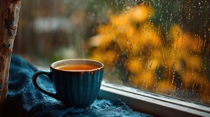 Cozy cup of tea by the window on a rainy autumn day with vibrant orange leaves outside