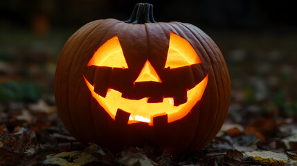 Glowing jack o lantern sits on fallen leaves in the dark of autumn night