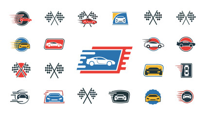 A collection of various car racing logos and icons featuring speed, vehicles, and checkered flags in different styles.