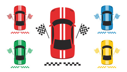 Top-down view of five colorful race cars with white stripes, checkered flags, and finish line patterns, ready for a race.