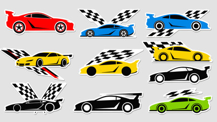 A collection of colorful stylized racing car stickers with checkered flags, perfect for automotive and sports themes.