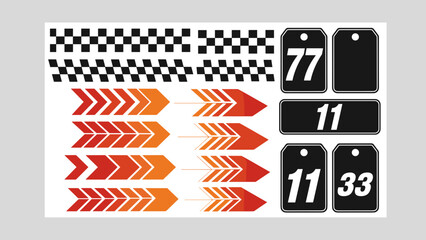 A collection of racing-themed graphic decals featuring checkered flag patterns, dynamic arrow designs, and numbered tags for sports vehicles.