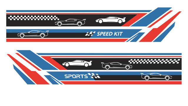 Two racing-themed banners featuring stylized race cars on a black track with checkered flags and red, white, and blue stripes.