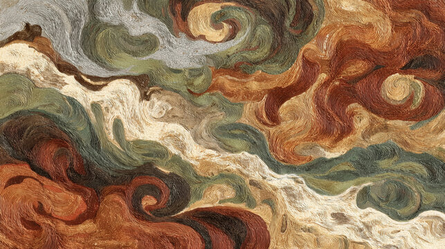 Abstract wall art with swirling organic forms in earthy terracotta olive and beige tones intricate nature-inspired patterns and realistic textures