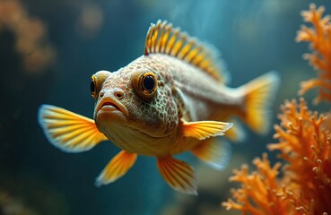 Obraz premium Orange finned fish swims in clear blue aquarium water near coral reef. Close up view of marine animal with scales and big eyes. Underwater world with aquatic life and ocean dweller.