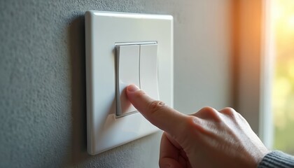 Hand presses double light switch on textured wall. Person turns on or off room illumination. Sunlight shines through window blurring background.