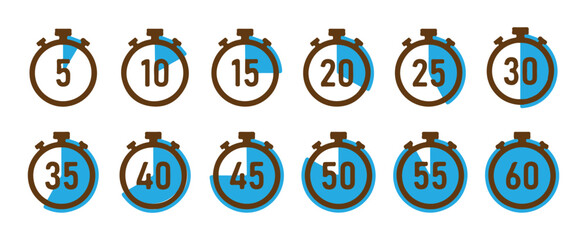 Collection of blue and brown stopwatch icons indicating various time intervals from 5 to 60 minutes