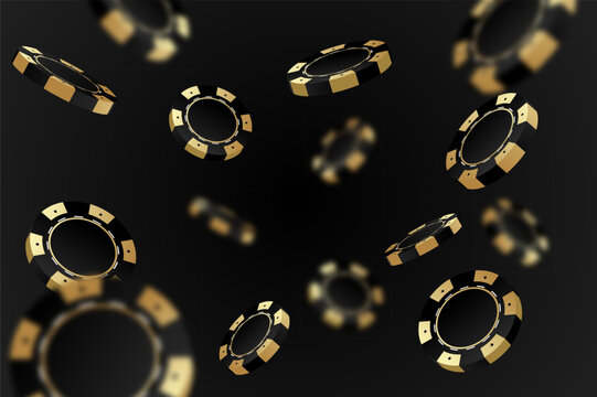 Black gold casino chips falling in different positions on transparent background. Golden poker chips isolated backdrop with defocused blur elements, vector 10 eps.