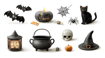 Set of Halloween clipart elements such as bat cobweb spider cat candle candy pumpkin cauldron ghost witch hat skull and coffin isolated 3d rendering with white background Stock Illustration 