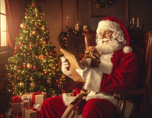 Close-up portrait of Santa Claus with his traditional red suit, white beard, and cheerful expression. Warm festive lighting enhances the holiday atmosphere, capturing the joyful