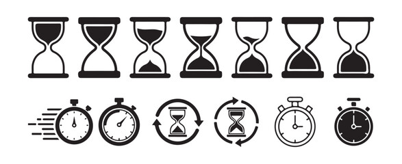 Time icons set including hourglass and stopwatch symbols, representing concepts of passage of time countdown deadline