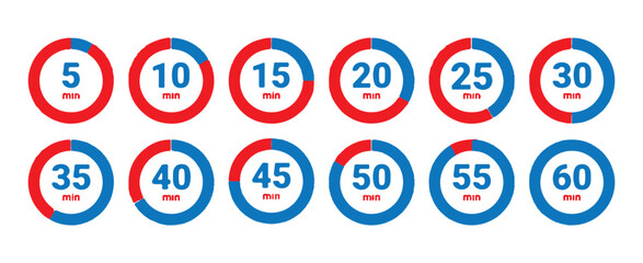 Series of colorful circle timer icons indicating minute intervals from 5 to 60 minutes in red and blue