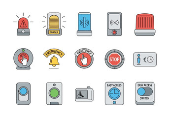 A collection of vector icons depicting various alert control and access buttons